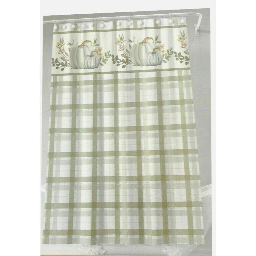Thanksgiving Pumpkins Plaid Shower Curtain Cloth Fabric Green White 72x72